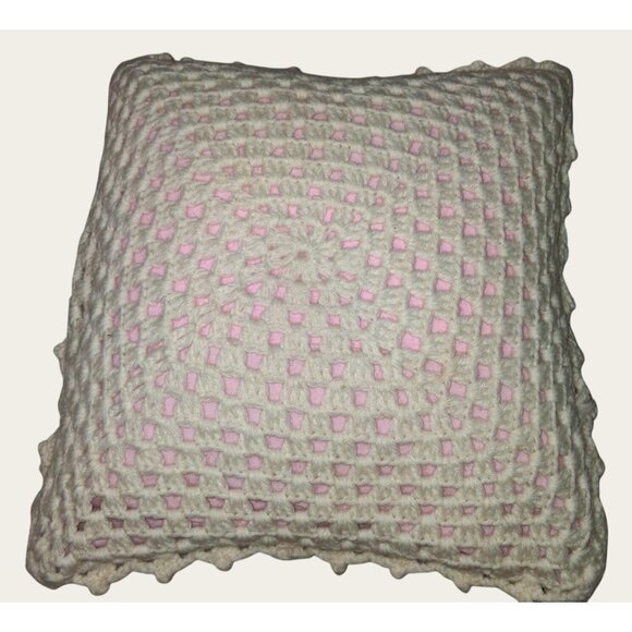 Vintage Handmade Crochet Pillow With Pink Roses 16x16 - Picture 7 of 10